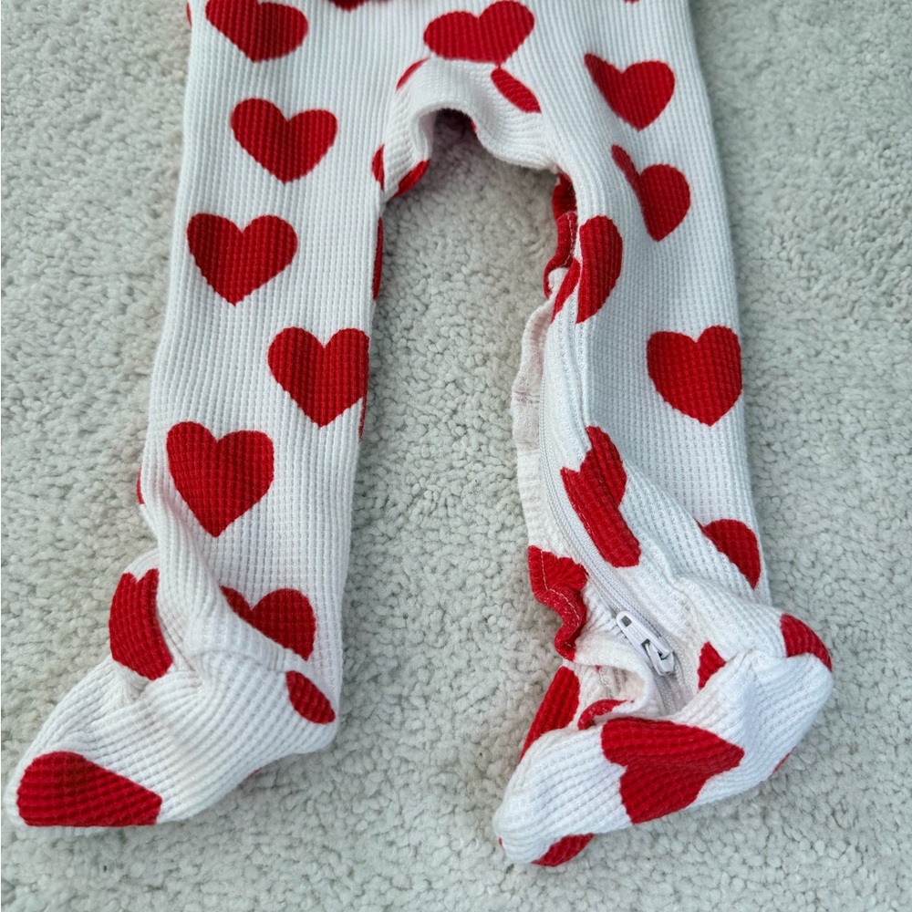 Spearmint Love Red Heart Waffle Knit Ruffled Footed One Piece - Picture 10 of 11